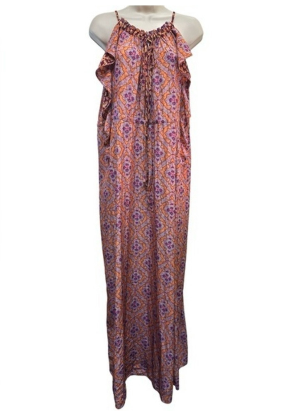 Calypso St. Barth Ardelle Ruffle Maxi Dress purple rust batik print
